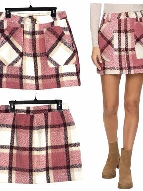 NEW Flag & Anthem Wasilla Plaid Utility Mini Skirt Sz 8 / 29 Pink Plum Front Zip